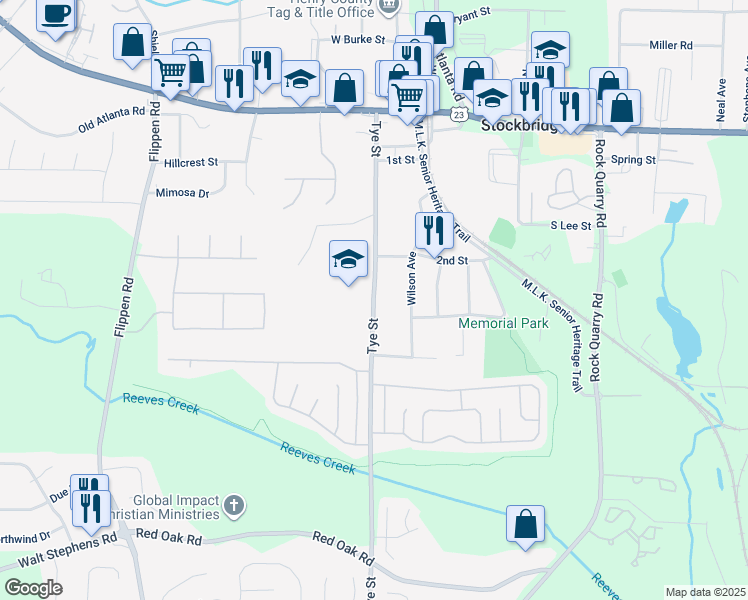 map of restaurants, bars, coffee shops, grocery stores, and more near 142 Tye Street in Stockbridge