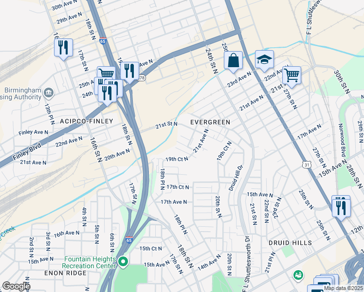 map of restaurants, bars, coffee shops, grocery stores, and more near 2110 19th Terrace North in Birmingham