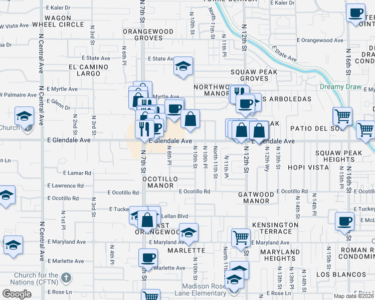 map of restaurants, bars, coffee shops, grocery stores, and more near 819 East Flynn Lane in Phoenix