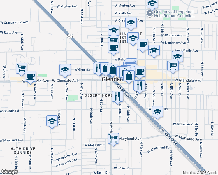 map of restaurants, bars, coffee shops, grocery stores, and more near 6802 North 59th Avenue in Glendale