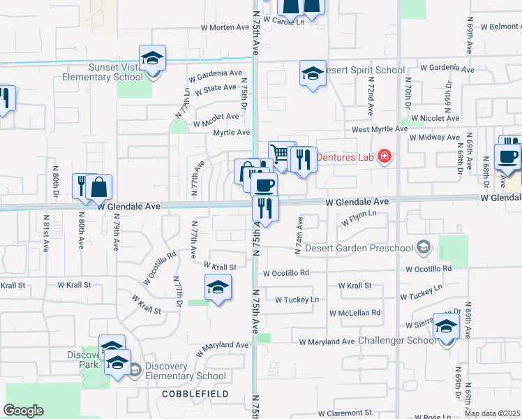 map of restaurants, bars, coffee shops, grocery stores, and more near 6937 North 75th Avenue in Glendale