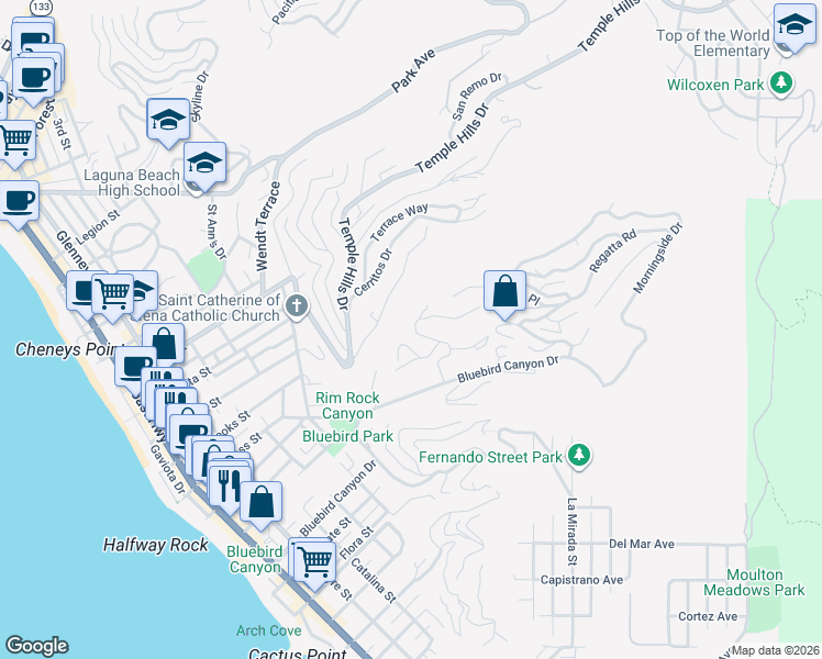 map of restaurants, bars, coffee shops, grocery stores, and more near 967 Meadowlark Lane in Laguna Beach