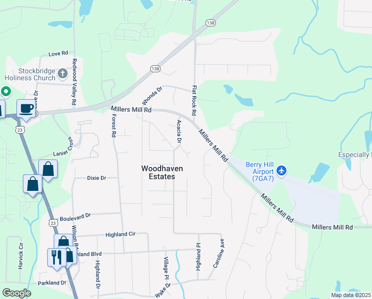 map of restaurants, bars, coffee shops, grocery stores, and more near 155 Cottonwood Court in Stockbridge