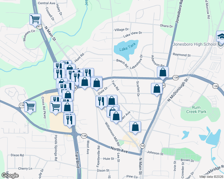 map of restaurants, bars, coffee shops, grocery stores, and more near 1001 Dixie Drive in Jonesboro