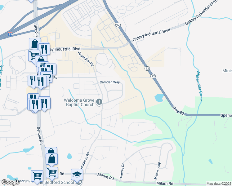map of restaurants, bars, coffee shops, grocery stores, and more near 65 Camden Way in Fairburn