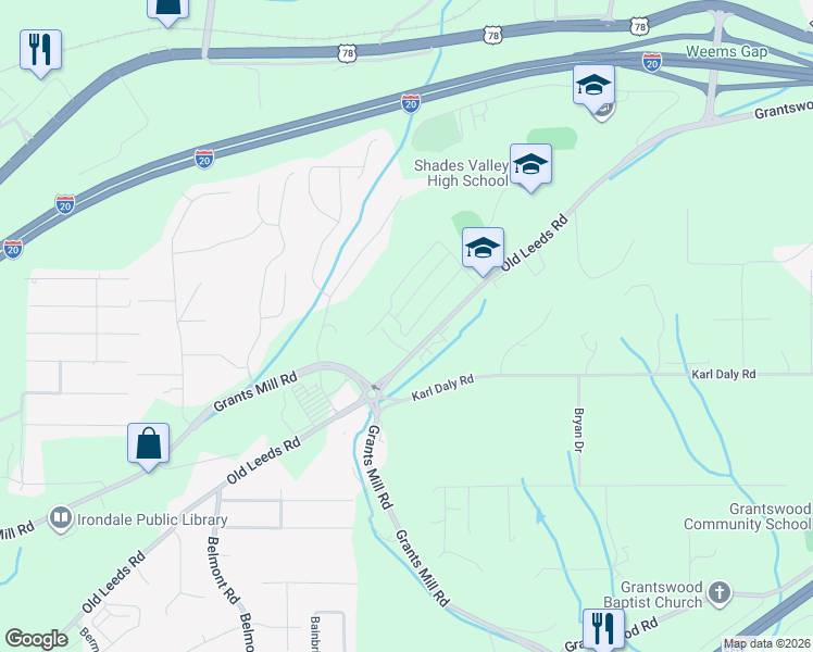 map of restaurants, bars, coffee shops, grocery stores, and more near 5865 Old Leeds Road in Birmingham