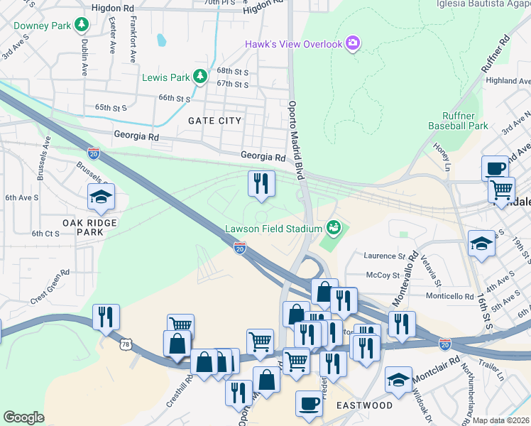 map of restaurants, bars, coffee shops, grocery stores, and more near 7716 Sunrise Circle in Birmingham