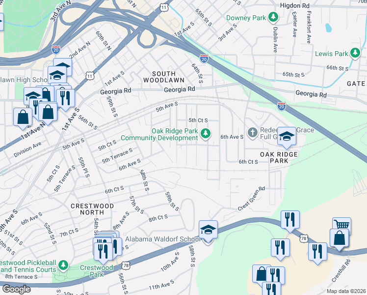 map of restaurants, bars, coffee shops, grocery stores, and more near 617 63rd Street South in Birmingham