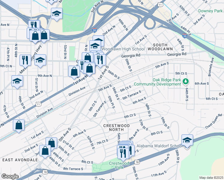 map of restaurants, bars, coffee shops, grocery stores, and more near 528 56th Street South in Birmingham