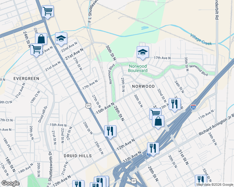 map of restaurants, bars, coffee shops, grocery stores, and more near 1432 29th Street North in Birmingham