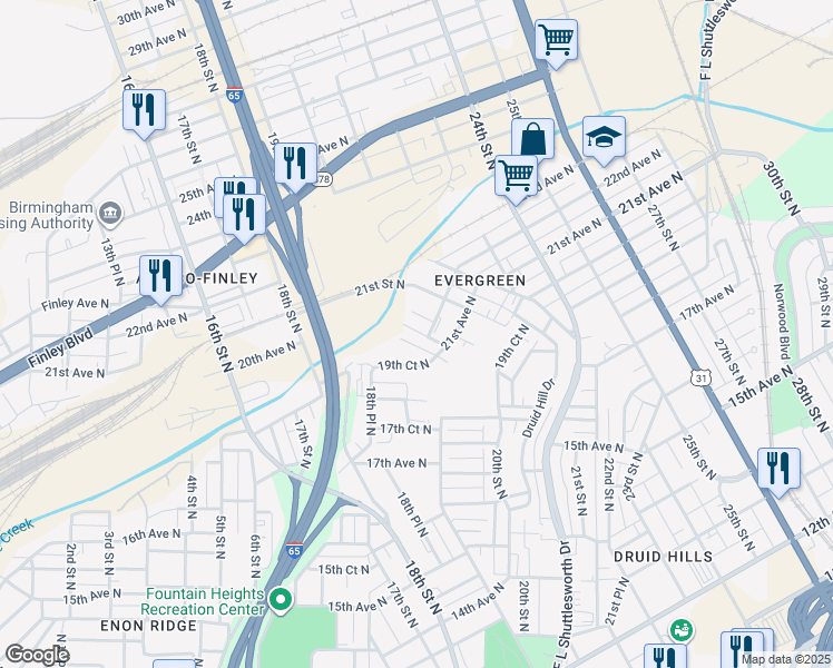 map of restaurants, bars, coffee shops, grocery stores, and more near 2110 19th Terrace North in Birmingham