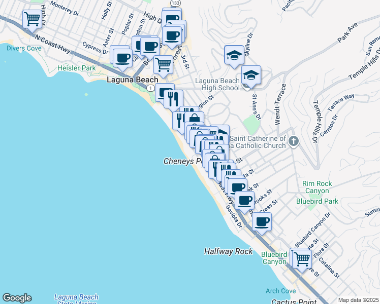 map of restaurants, bars, coffee shops, grocery stores, and more near in Laguna Beach