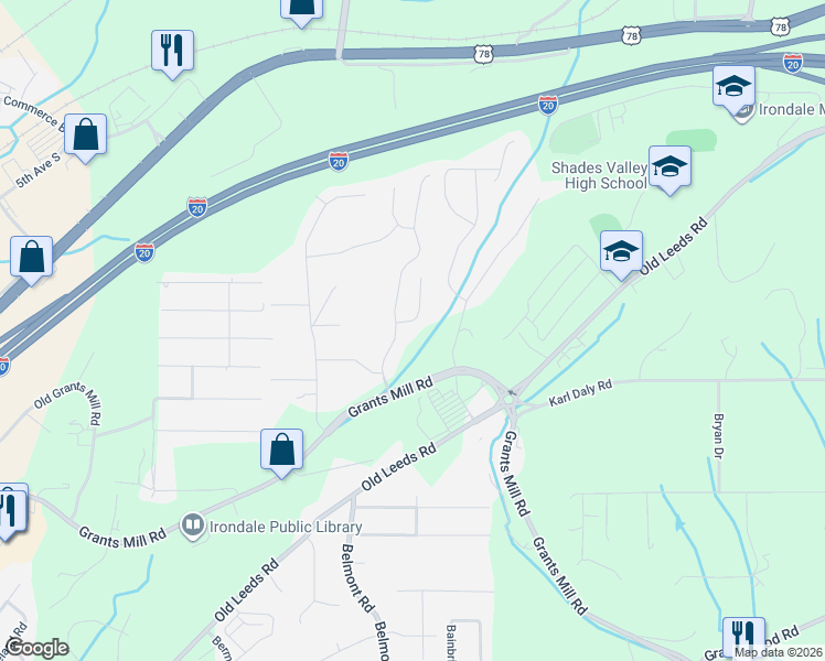 map of restaurants, bars, coffee shops, grocery stores, and more near 1179 Grants Way in Birmingham