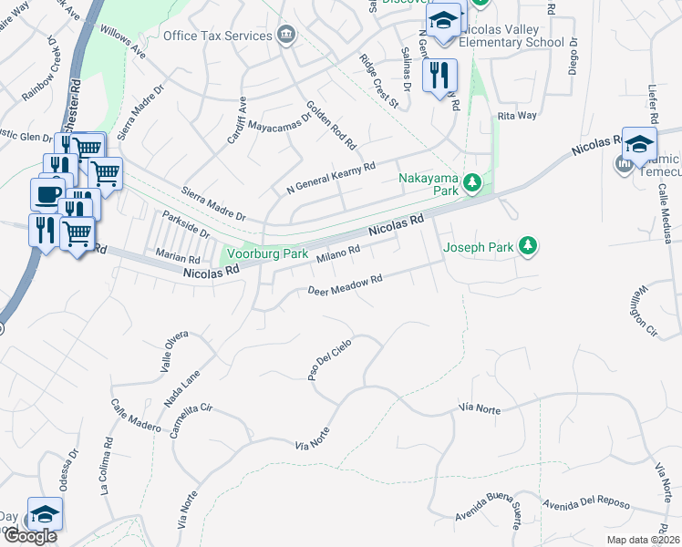 map of restaurants, bars, coffee shops, grocery stores, and more near 40108 Villa Venecia in Temecula