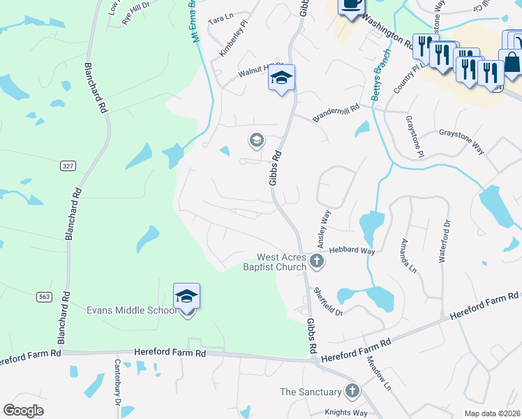 map of restaurants, bars, coffee shops, grocery stores, and more near 4703 Park Ridge Court in Evans