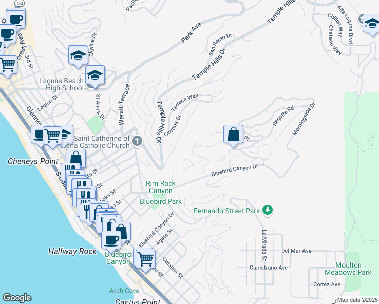 map of restaurants, bars, coffee shops, grocery stores, and more near 967 Meadowlark Lane in Laguna Beach
