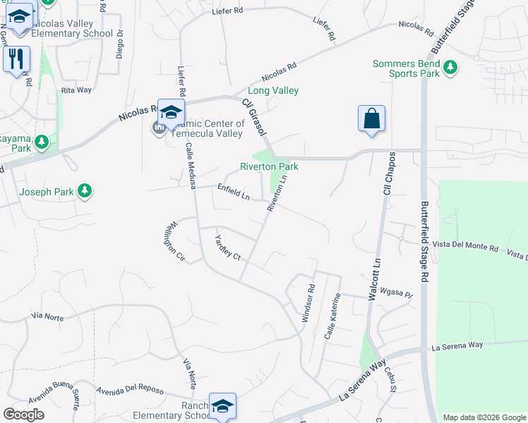 map of restaurants, bars, coffee shops, grocery stores, and more near 30966 Riverton Lane in Temecula
