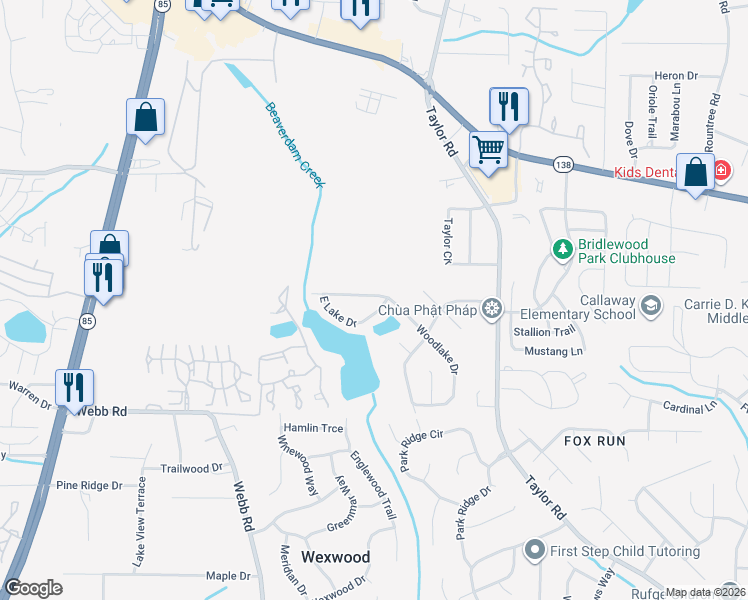 map of restaurants, bars, coffee shops, grocery stores, and more near 479 East Lake Drive in Riverdale