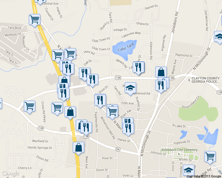 map of restaurants, bars, coffee shops, grocery stores, and more near 1001 Dixie Drive in Jonesboro