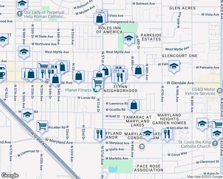 map of restaurants, bars, coffee shops, grocery stores, and more near 5008 West Lamar Road in Glendale