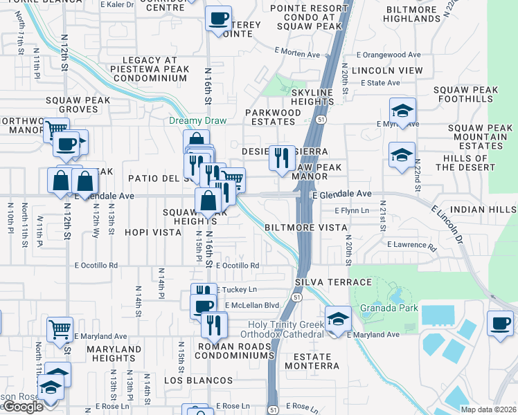 map of restaurants, bars, coffee shops, grocery stores, and more near 6830 North 17th Place in Phoenix