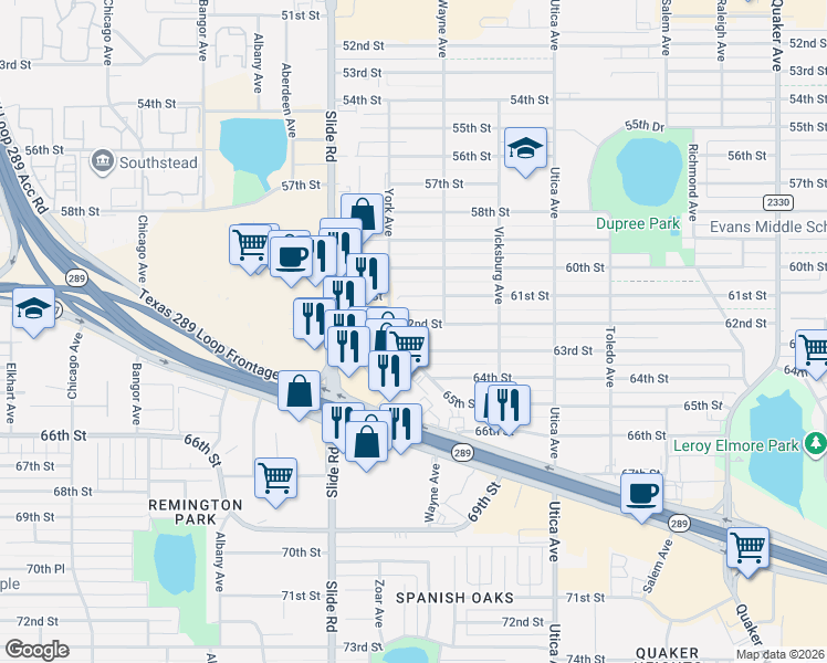 map of restaurants, bars, coffee shops, grocery stores, and more near 4932 63rd Street in Lubbock
