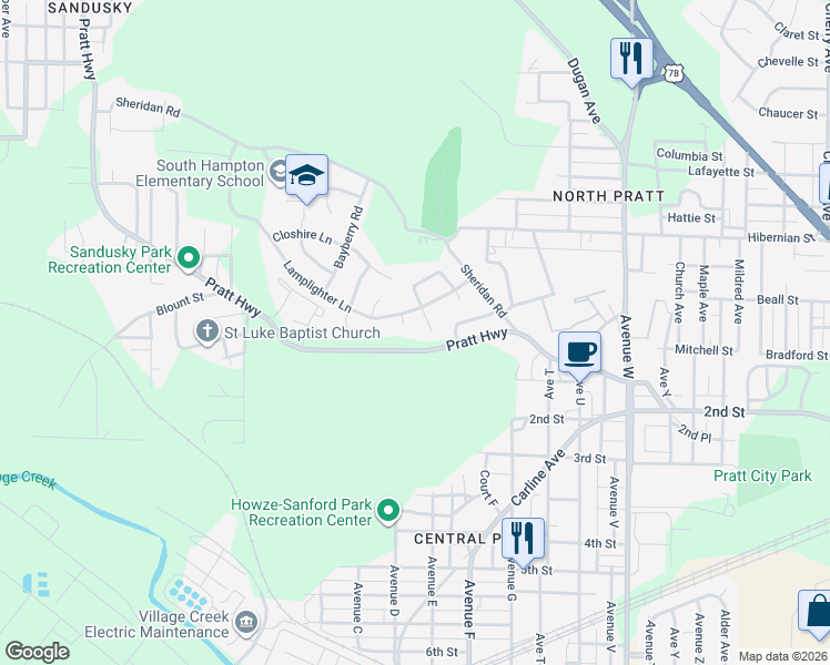 map of restaurants, bars, coffee shops, grocery stores, and more near 196 Pratt Highway in Birmingham