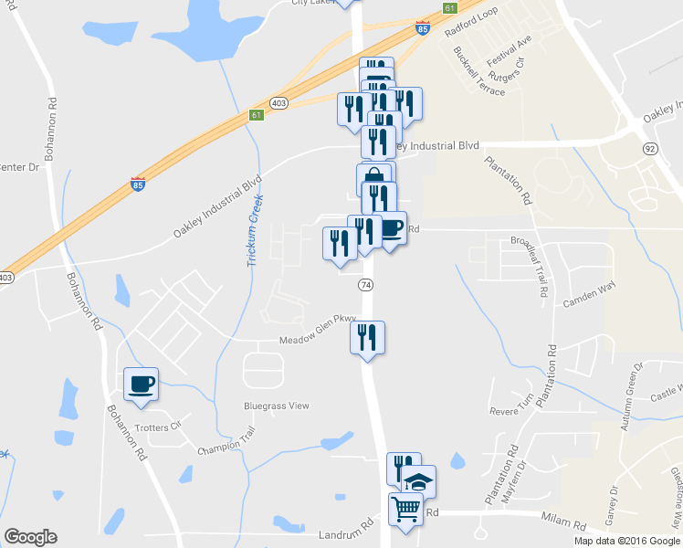 map of restaurants, bars, coffee shops, grocery stores, and more near 8069 Senoia Road in Fairburn