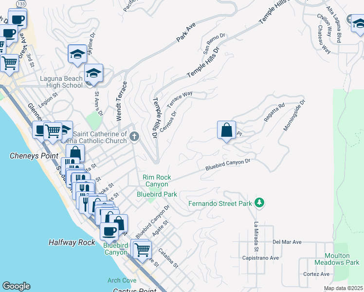 map of restaurants, bars, coffee shops, grocery stores, and more near 986 Oriole Drive in Laguna Beach