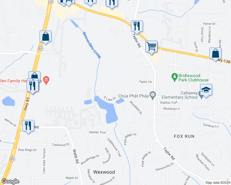 map of restaurants, bars, coffee shops, grocery stores, and more near 7919 Woodlake Drive in Riverdale