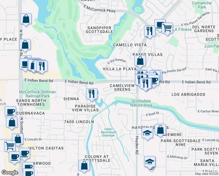 map of restaurants, bars, coffee shops, grocery stores, and more near 7721 East Joshua Tree Lane in Scottsdale