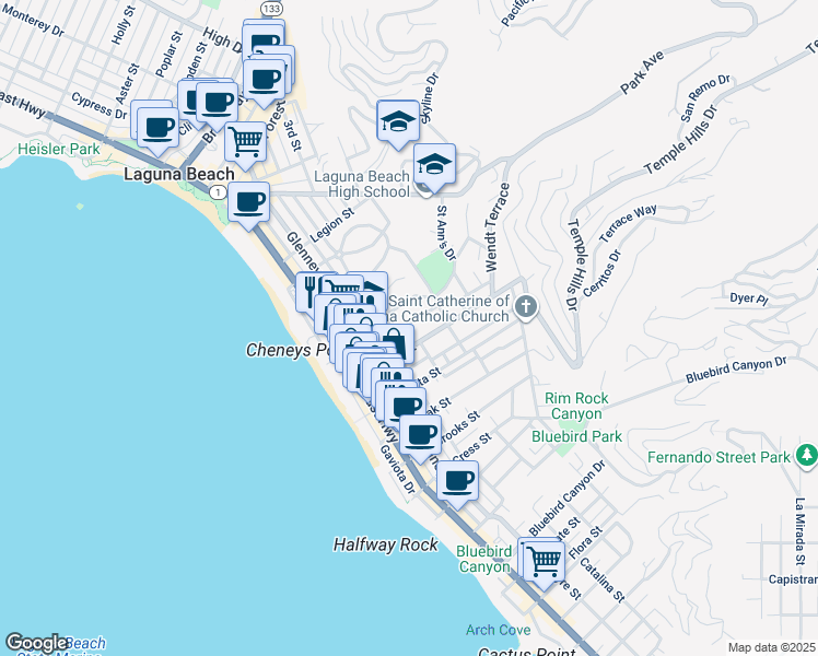 map of restaurants, bars, coffee shops, grocery stores, and more near 445 Graceland Drive in Laguna Beach