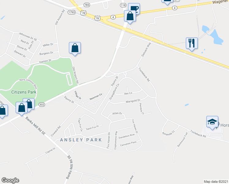 map of restaurants, bars, coffee shops, grocery stores, and more near 431 Grandiflora Circle in Aiken