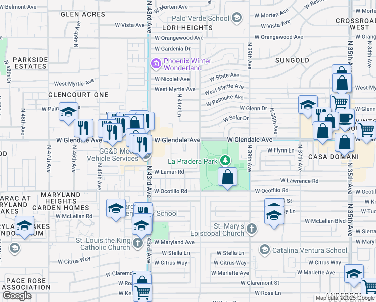 map of restaurants, bars, coffee shops, grocery stores, and more near 4141 West Glendale Avenue in Phoenix