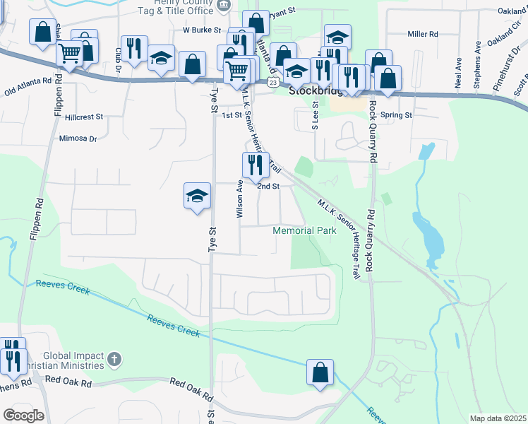 map of restaurants, bars, coffee shops, grocery stores, and more near 108 Carrie Mae Lane in Stockbridge