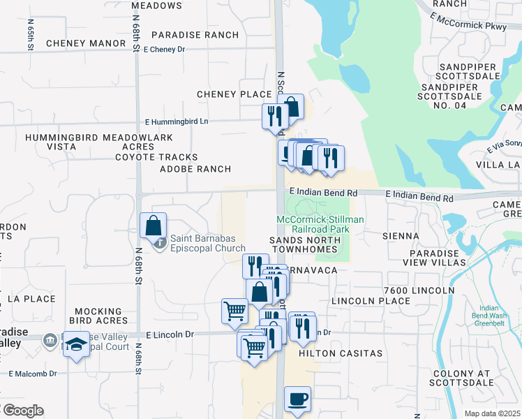 map of restaurants, bars, coffee shops, grocery stores, and more near 6990 North Scottsdale Road in Scottsdale