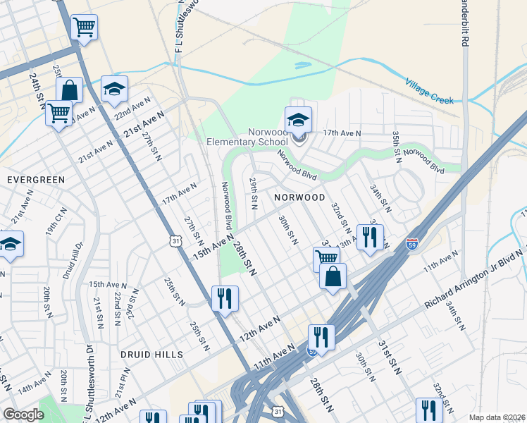 map of restaurants, bars, coffee shops, grocery stores, and more near 1515 29th Street North in Birmingham