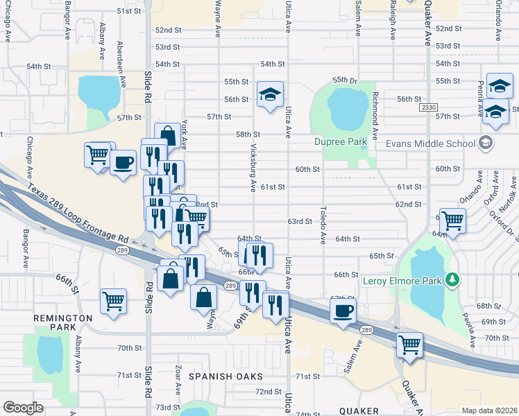 map of restaurants, bars, coffee shops, grocery stores, and more near 4817 62nd Street in Lubbock