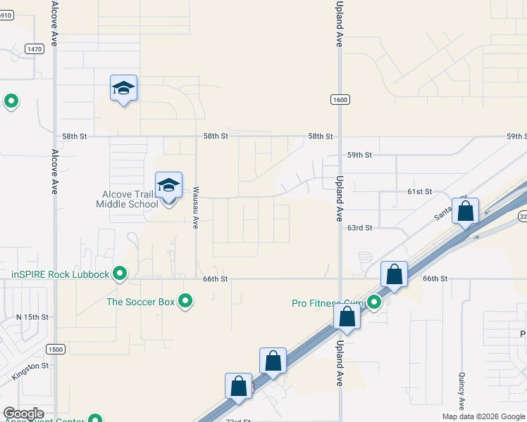 map of restaurants, bars, coffee shops, grocery stores, and more near 6110 North County Road 1600 in Lubbock