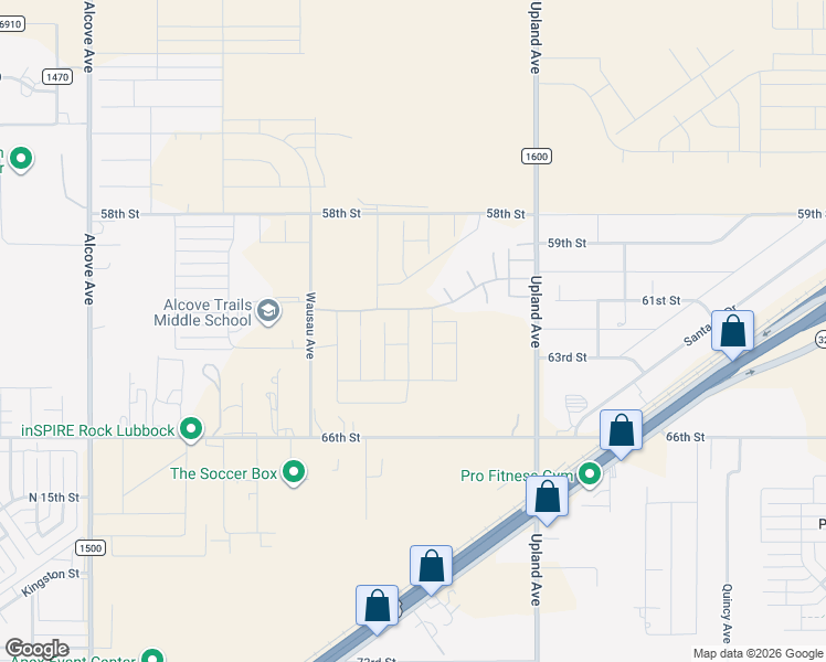 map of restaurants, bars, coffee shops, grocery stores, and more near 6110 North County Road 1600 in Lubbock