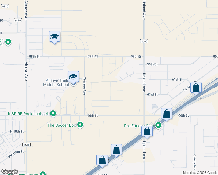 map of restaurants, bars, coffee shops, grocery stores, and more near 6110 North County Road 1600 in Lubbock