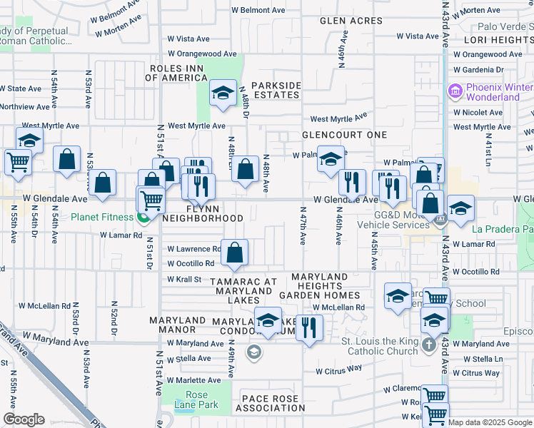 map of restaurants, bars, coffee shops, grocery stores, and more near 4805 West Glendale Avenue in Glendale