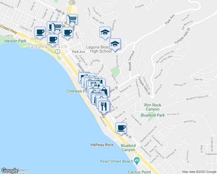 map of restaurants, bars, coffee shops, grocery stores, and more near 352 Thalia Street in Laguna Beach