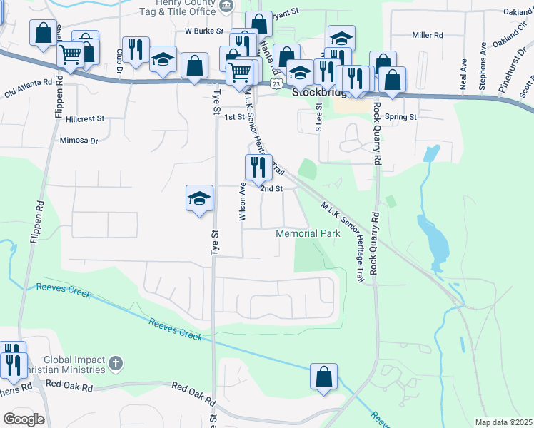 map of restaurants, bars, coffee shops, grocery stores, and more near 108 Carrie Mae Lane in Stockbridge