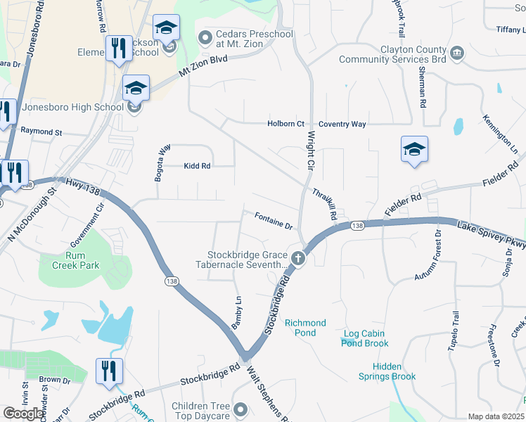 map of restaurants, bars, coffee shops, grocery stores, and more near 1710 Fontaine Drive in Jonesboro
