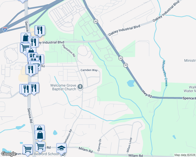 map of restaurants, bars, coffee shops, grocery stores, and more near 215 Fairgrove Lane in Fairburn