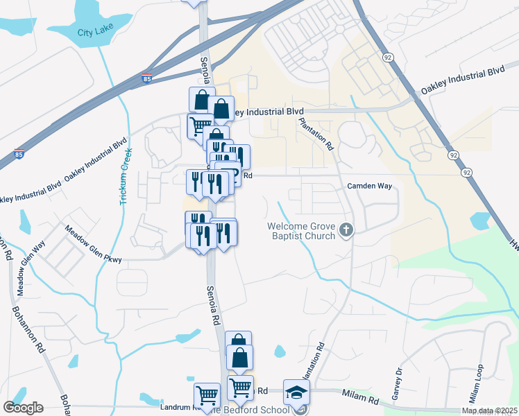map of restaurants, bars, coffee shops, grocery stores, and more near 8040 Senoia Road in Fairburn