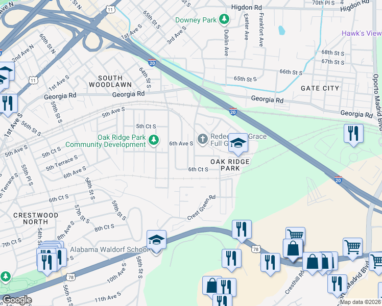 map of restaurants, bars, coffee shops, grocery stores, and more near 545 Athens Court in Birmingham