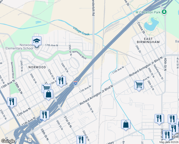 map of restaurants, bars, coffee shops, grocery stores, and more near 3437 12th Avenue North in Birmingham