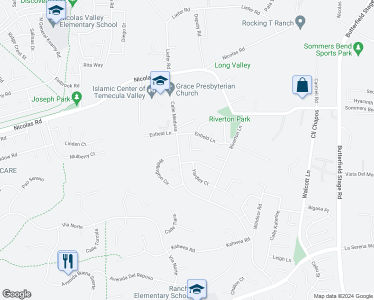 map of restaurants, bars, coffee shops, grocery stores, and more near 31315 Ashmill Court in Temecula